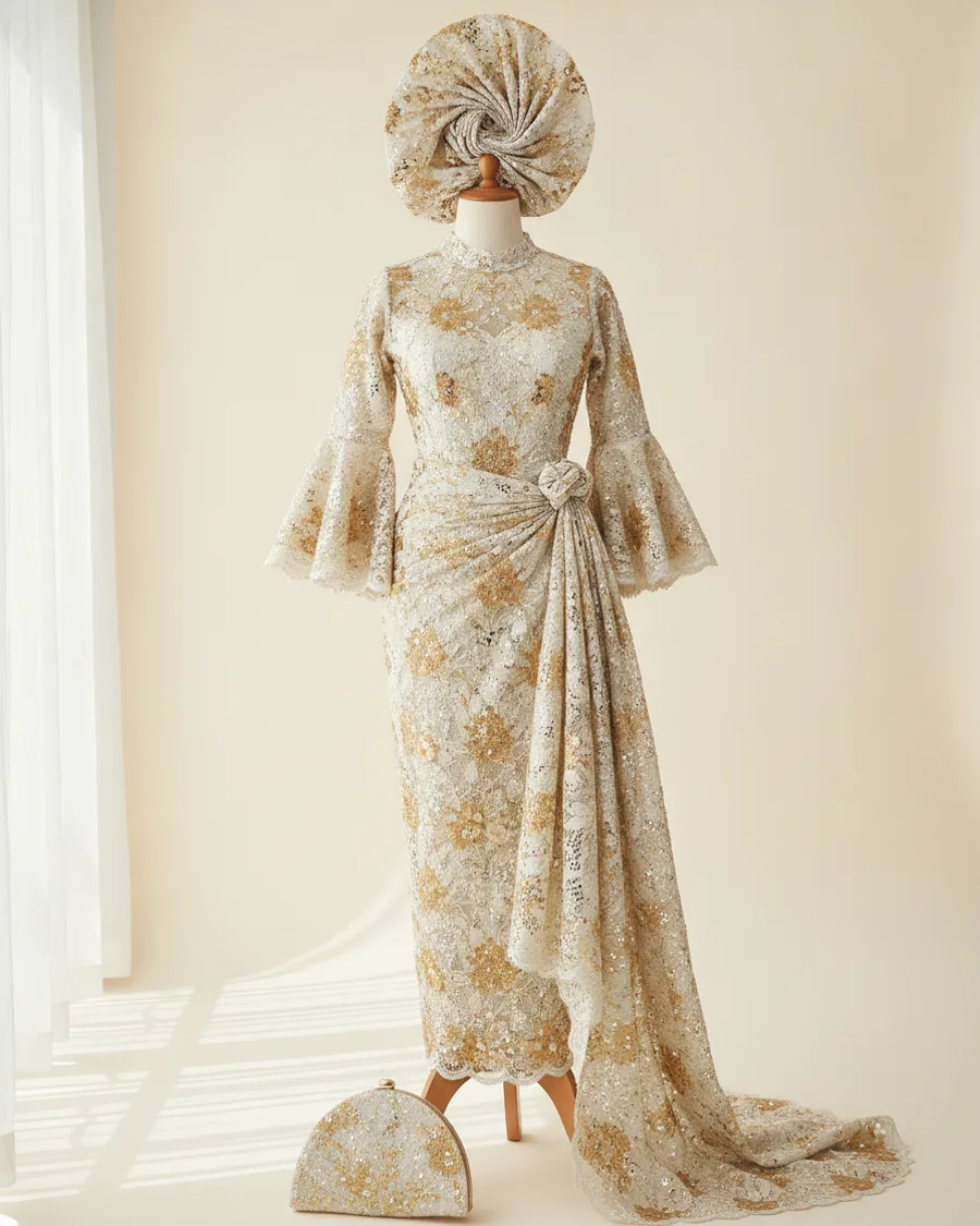 An ivory and gold embroidered blouse and wrapper, full length