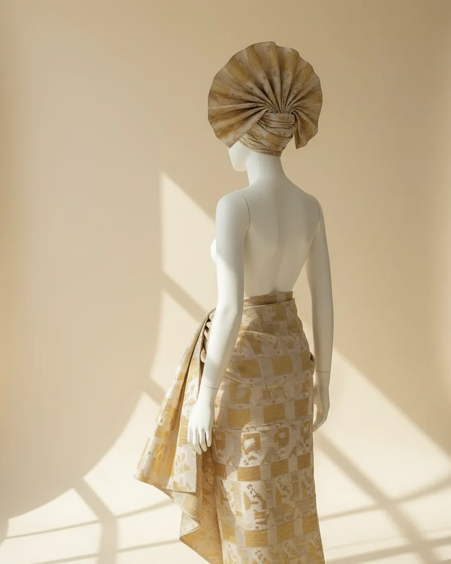 A gele head wrap in gold and ivory aso oke with a matching wrapper, seen from behind