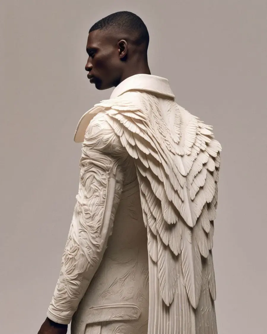 A sculptural ivory garment seen from the side